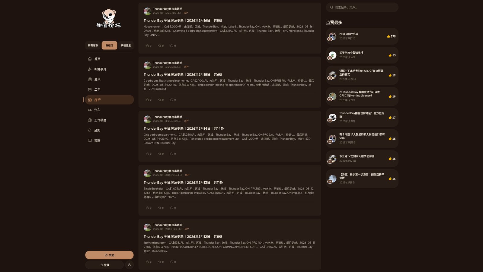 Section page — /thunderbay/realEstate. Daily aggregated listings from Kijiji + other sources alongside user transfer / sublet posts.