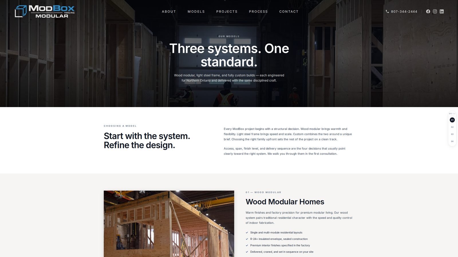 Models — three systems, one standard: Wood Modular, Light Steel Modular, Custom.