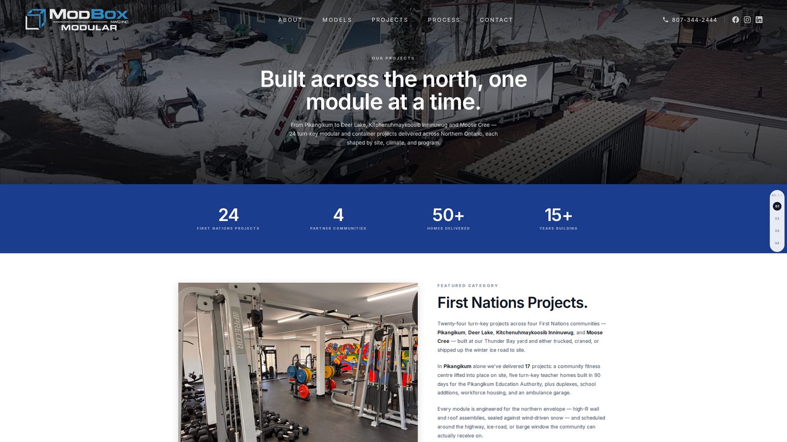 Projects — 20+ delivered builds across the north, each with photos, build details, and program context.