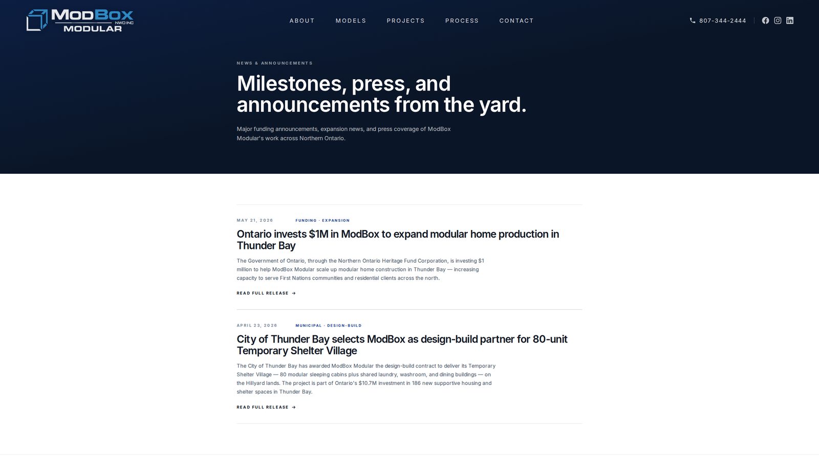 News — press, funding (OHFC, NOHFC), and design-build contract announcements from the yard.