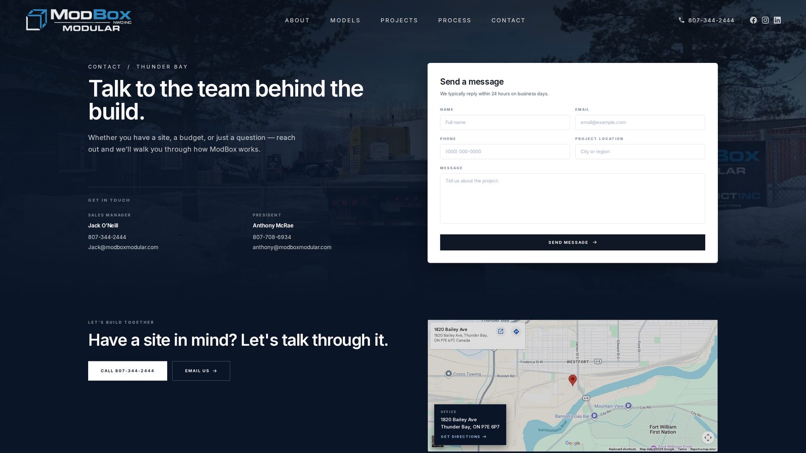 Contact — a working form that validates, stores, and emails the team with the visitor set as Reply-To.